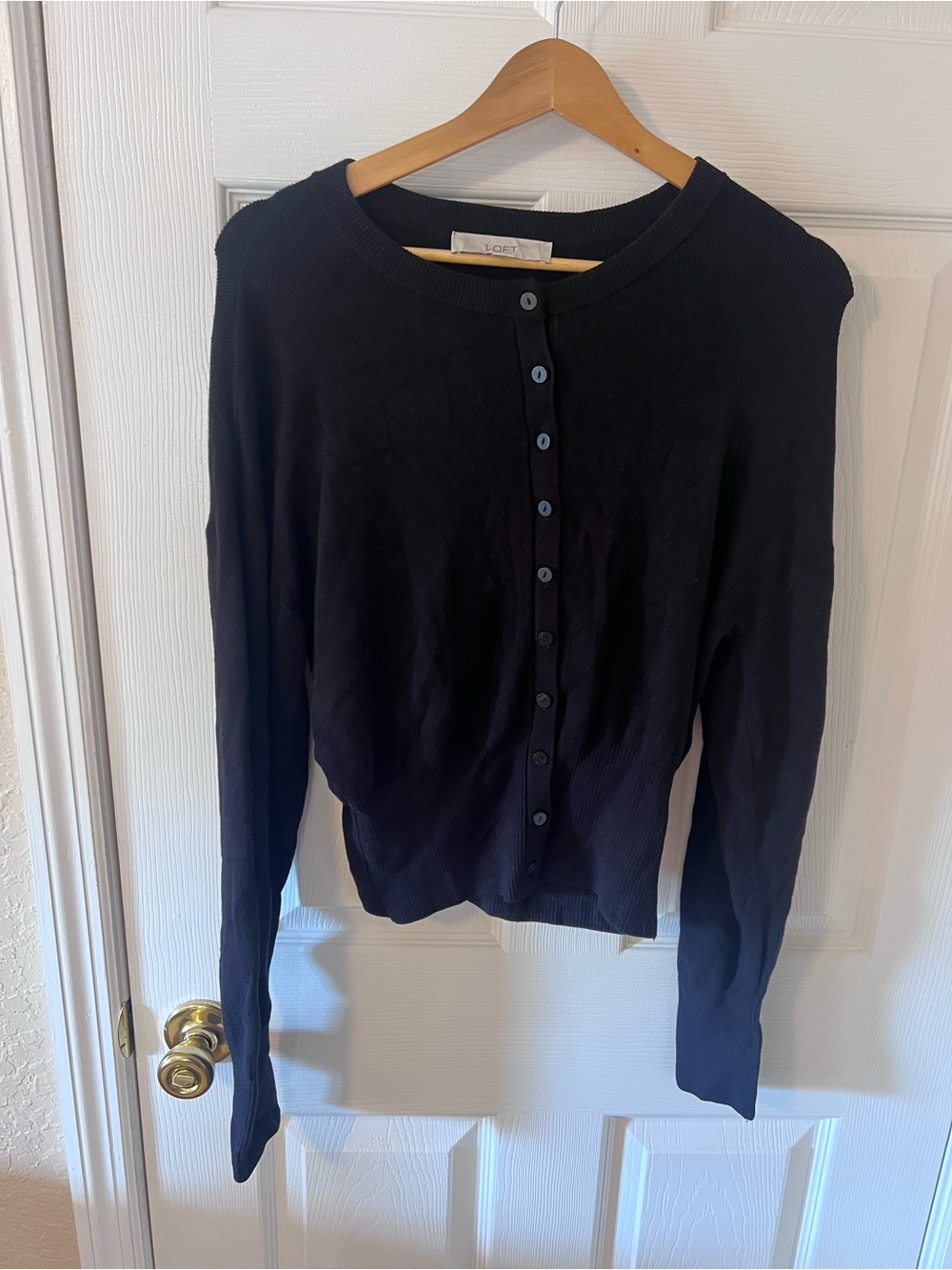 LOFT Black Fine Knit Ribbed Cardigan Button Down Crewneck Sweater Size M